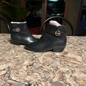 Coach Black Leather Ankle Booties with Gold Accent